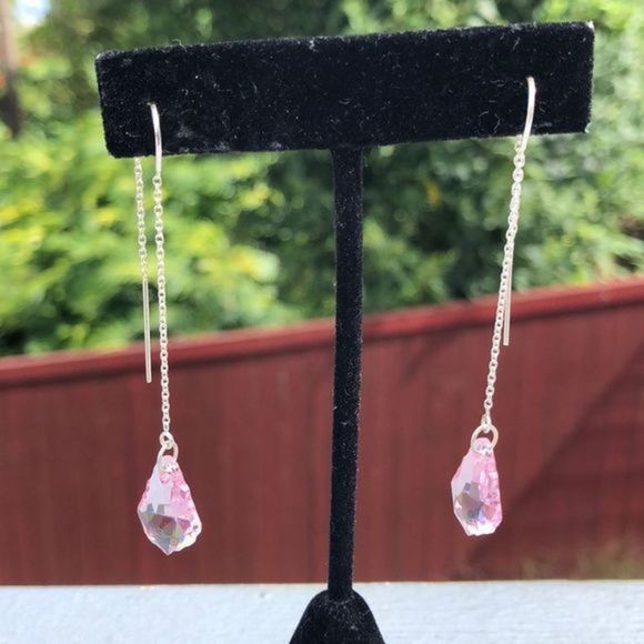 163. Sterling Silver Baroque Shape Swarovski Crystal Threader Earrings - Picture 7 of 11